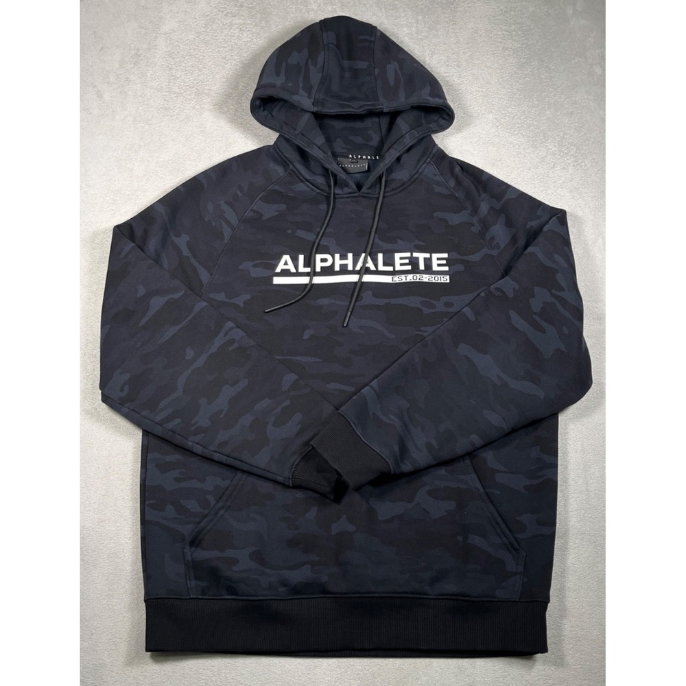 Alphalete Mens Medium Black Camo Fleece Hoodie Sweatshirt Rubberized Chest Logo